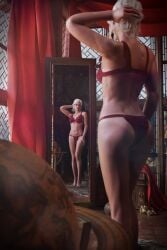 3d armpits ass back_view bra breasts bubble_butt cd_projekt_red ciri feet female freckles freckles_on_face green_eyes light-skinned_female light_skin lingerie mascara mirror mirror_reflection niodreth panties red_lingerie scar solo solo_female tattoo the_witcher_(series) the_witcher_3:_wild_hunt white_hair