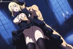 1boy 1girl ai_generated black_dress black_gloves black_thighhighs blonde_hair blue_eyes blush breasts breasts_out candle candlestand clothed_female_nude_male clothes_lift cross digitalwaifugallery dress dress_lift elbow_gloves fate/prototype gloves grabbing grabbing_another's_breast grabbing_from_behind habit hetero hi_res high_quality high_resolution indoors large_breasts navel necklace nipples no_panties nude nun open_mouth patreon patreon_username pussy pussy_juice sajou_manaka seductive sex sex_from_behind sexy short_hair standing standing_sex thighhighs uncensored vaginal watermark window