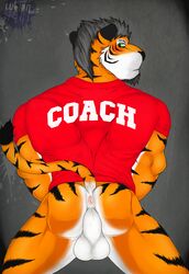 anthro anus ass balls blush bottomless clothing coach facial_hair feline fur furry goatee green_eyes hair looking_at_viewer lubion male male_only muscles no_humans perineum presenting presenting_hindquarters shirt solo spread_legs spreading tiger