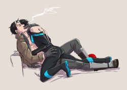 2boys adoptive_siblings ass_grab batman_(series) bodysuit cigarette cigarette_in_mouth dc dc_comics dick_grayson gay gloves hand_on_ass imminent_sex jason_todd light_skin lying_on_person male male/male male_only nightwing on_lap open_shirt red_hood_(dc) smoking smoking_cigarette streaked_hair tight_clothing undressing