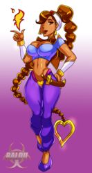 1girls arabian_clothes artist_name big_breasts bra bracelet bracer braid brown_eyes brown_hair brown_skin busty capcom cleavage curvy dark-skinned_female dark_skin ear_piercing earrings eyelashes female female_only fire front_view hand_on_hips hands_on_hip hands_on_hips harem_outfit headband hourglass_figure knife long_hair makeup midriff piercing ponytail power_stone raldu rouge_(power_stone) shoes simple_background solo tied_hair very_long_hair video_game video_games voluptuous weapon wide_hips