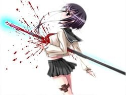 1girls beige_skin bleeding blood blood_spray blue_eyes breasts clothes clothing color covered_breasts female female_only gore guro human impalement injury inyouchuu inyouchuu_shoku mouth open_mouth puncture red_blood school_uniform short_hair side_view simple_background skin skirt solo white_background wound