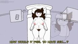 1girl bed black_hair blush breasts breasts_apart brown_hair closed_mouth colored_skin completely_nude english_text erect_nipples excessive_pubic_hair fake_screenshot female female_pubic_hair huge_breasts indoors jaiden jaiden_(jaiden_animations) jaiden_animations jaidenanimations large_breasts long_hair looking_at_viewer lying navel nipples nude on_back pillow plump pubic_hair pussy retro_artstyle sexy sexy_pose solo steca subtitled thelazyart thick thick_legs toilet trash_can youtube youtuber youtuber_character youtuber_girl youtubers
