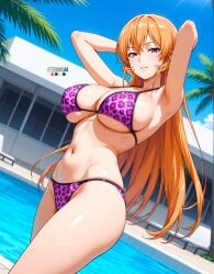 1girls ai_generated anime anime_girl attractive babe badass baddie bangs beautiful belly_button building busty_girl chef chestnut_hair cook curvaceous delicious eternoai fantasy female_only food_wars gorgeous hand_behind_head hotel large_breasts leopard_print leopard_print_bikini looking_down_at_viewer nakiri_erina navel palm_tree pool poolside purple_bikini purple_eyes rich_female seductive seductive_eyes seductive_pose sexy summer upper_body water