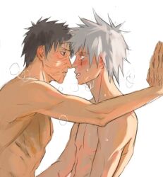 2boys black_hair blush breath couple eye_contact gay grey_hair hatake_kakashi imminent_kiss imminent_penetration kakashi_hatake looking_at_another male male_focus male_only multiple_boys naruto naruto_(series) naruto_shippuden nipples nude red_eyes scar scar_across_eye scar_on_face sharingan short_hair siinnk teeth toned toned_male uchiha_obito white_background yaoi