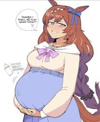 1girls bedroom_eyes big_breasts blue_eyes blush brown_hair dr-worm horse_ears horse_girl lewdlemage looking_at_viewer pregnant solo solo_female super_creek_(umamusume) tagme umamusume