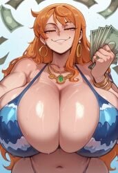 ai ai_art ai_generated bangle banknote bikini blue_bikini bracelet breasts cleavage closed_mouth earrings eyelashes falling_money gem girl gold_bangle gold_bracelet gold_necklace green_gem holding holding_money horny_veil jewelry large_breasts long_hair looking_at_viewer money multiple_bracelets multiple_rings nami_(one_piece) necklace orange_eyes orange_hair pearl_earrings ring signature simple_background solo straight-on swimsuit upper_body