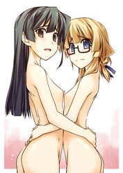 2girls adele_balfetto black_hair blonde_hair blue_eyes blush braid brown_eyes female flat_chest glasses hair_ribbon honda_masazumi kyoukaisenjou_no_horizon long_hair multiple_girls nipples nude ribbon shikei short_hair yuri