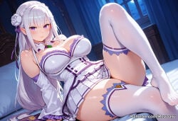 1girl ai_generated big_breasts emilia_(re:zero) female gray_hair huge_breasts mature_female re:zero_kara_hajimeru_isekai_seikatsu revoaru silver_hair thick_thighs thighs