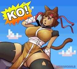 1girls anthro bandana big_breasts brown_hair cat_ears cat_girl cat_tail catgirl cheongsam china_dress defeated female_only gameoverse huge_thighs kit_(gameoverse) qipao red_eyes short_hair thick_legs weirddoddle whiskers