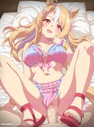 1girl bikini_bottom_aside blonde_hair blush eufoniuz fusaichi_pandora_(umamusume) happy_sex head_tilt hetero horse_ears horse_girl horse_tail large_breasts legs_up lying_on_back m_legs mosaic_censoring multicolored_hair navel open_mouth pink_bikini pov sex smile solo_focus stomach thighs umamusume umamusume_pretty_derby vaginal white_hair