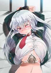 arms_up blush breasts cum ejaculation female huge_breasts long_hair lying male ndotti1 necktie on_back paizuri paizuri_under_clothes penis rape red_eyes silver_hair straight wink