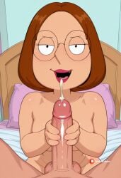 1girl ai_generated animated_style bedroom brown_hair censored close-up family_guy looking_at_viewer meg_griffin open_mouth pillow round_glasses shoulder-length_hair sitting smile