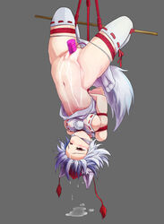 animal_ears arms_behind_back blush bondage breasts female fur furry_ears furry_tail grey_background hat high_resolution insertion momiji_inubashiri panties pussy pussy_juice red_eyes rope saliva shinebell short_hair sideboob silver_hair simple_background solo striped striped_panties suspension tail tassel tear thighhighs tied tokin_hat touhou uncensored underwear upside-down vibrator white_legwear white_panties wolf_ears wolf_tail