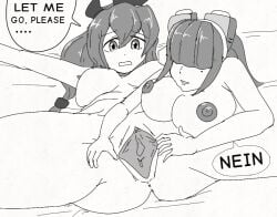2girls assisted_exposure assisted_rape assisted_sex assisted_spreading bad_dialogue black_and_white blunt_bangs game game_character hime_cut imminent_cunnilingus imminent_oral imminent_penetration imminent_rape imminent_sex imminent_vaginal implied_bondage implied_restraints interracial interracial_yuri laying_on_back laying_on_bed mega_man mega_man_x mega_man_x_dive mole_under_eye monochrome multiple_girls reploid restrained robot robot_girl spreading spreading_another's_pussy spreading_pussy yuri