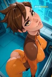 1girl adult ai_generated ass ass_focus bare_ass bent_over big_ass big_breasts blizzard_entertainment blue_background bodysuit brown_eyes brown_hair clothing_aside curvy explicit exposed_ass eyeliner female freckles from_above futuristic glossy_skin hi_res high_angle huge_ass leaning_forward looking_at_viewer looking_up makeup neon_lighting nipples nsfw orange_bodysuit over_shoulder overwatch partially_clothed patreon patreon_username pussy_visible r34dungeon science_fiction short_hair solo spaceship sweat thick_thighs tight_clothes tracer uncensored watermark wet_skin wide_hips