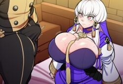 1boy 1girl ai_art ai_assisted ai_generated big_breasts blush boner boner_in_pants breast_focus bulge bulge_through_clothing fire_emblem fire_emblem:_three_houses indoors large_breasts looking_at_penis lorenz_hellman_gloucester lysithea_von_ordelia madroshi novelai pants_bulge shiny_skin sweat