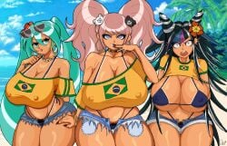3girls alternate_version_available ass big_ass big_breasts bikini bikini_top blue_eyes blue_hair brazilian brazilian_female brazilian_flag brazilian_miku breasts brown_hair clothed crossover danganronpa danganronpa:_trigger_happy_havoc danganronpa_2:_goodbye_despair denim_shorts dirty_talk dobicandy female green_hair hairy_pussy hatsune_miku huge_ass huge_breasts junko_enoshima large_breasts long_hair looking_at_viewer minishorts mioda_ibuki multicolored_hair multiple_girls nipple_bulge nipples painted_nails piercing pink_eyes pubic_hair pubic_hair_peek race_swap revealing_clothes skimpy skimpy_clothes summer sunglasses sunglasses_on_head tan_body tan_skin text thick_thighs thong thong_bikini top_heavy twintails venus_body video_games vocaloid voluptuous voluptuous_female wide_hips wide_hips,