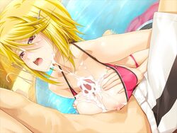 1boy 1girls areolae bikini blonde_hair blush breast_squeeze breasts censored classy_cranberry's cum cum_on_body cum_on_breasts cum_on_upper_body facial female game_cg hairclip happoubi_jin highres kujou_tsubasa large_breasts looking_up male nipples open_mouth paizuri penis pink_eyes pool short_hair sitting straight sweat water