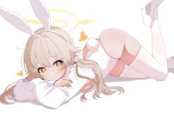 1girls absurdres animal_ear_hairband animal_ears ass blonde_hair blue_archive breasts bunnysuit cleavage closed_mouth commentary cropped_jacket crossed_arms crossed_bangs double-parted_bangs fake_animal_ears fake_tail feet_up female female_focus female_only hair_between_eyes hair_flaps hairband head_rest heart hifumi_(blue_archive) high_heels high_resolution highres jacket legs leotard long_hair looking_at_viewer low_twintails lying on_stomach playboy_bunny rabbit_ear_hairband rabbit_ears rabbit_tail shoes shusuchii simple_background small_breasts smile solo tail the_pose thighhighs thighs twintails untranslatable_commentary white_background white_jacket white_leotard white_shoes white_thighhighs winged_hair_ornament yellow_eyes