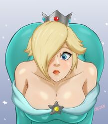 1girls 2d ass ass_bigger_than_head bent_forward big_breasts blonde_hair blue_dress boobs cleavage crown front_facing_with_ass hair_over_one_eye looking_at_viewer mario_(series) meme off-shoulder_sweater or-orn please_look_forward_to_it princess_rosalina solo super_mario_bros. voluptuous voluptuous_female