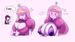 1girls adventure_time big_breasts blush bra clothed clothing english_text female female_focus female_only huge_breasts large_breasts long_hair marceline massive_breasts pink_hair princess princess_bubblegum solo solo_female text