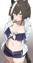 1girls 2d 2d_(artwork) alternate_costume anime anxious bangs beach_outfit beach_shorts belly blue_eyes blush blushing bob_cut bottomwear braid breasts brown_hair canon_costume cheval_grand_(umamusume) clothed clothed_female clothing collarbone color commentary_request cowboy_shot crop_top cute cute_expression cute_female eyelashes hair_ornament hatless hoodie horse_ears horse_girl horse_tail kumiyabe light_blue_eyes looking_at_viewer medium_breasts medium_hair midriff navel necklace nervous no_hat shorts sidelocks simple_background smile smiling smiling_at_viewer solo solo_female solo_focus strap streaked_hair summer_outfit sweat thigh_strap thighs topwear umamusume video_game white_hoodie white_pupils