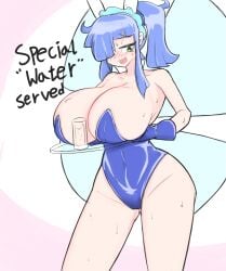 1girls 2024 artist_request bare_legs bare_shoulders big_breasts blue_hair blush breasts breasts_bigger_than_head fairy female glass_cup green_eyes huge_breasts implied_breast_milk implied_lactation karisa_(quarium) large_breasts leotard light_skin looking_away original original_character ponytail solo sweat water water_hair wide_hips