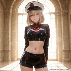 1girl ai_generated arms_behind_back backlighting bangs black_shorts blonde_hair blush breasts closed_mouth cowboy_shot crop_top earrings hair_between_eyes hat indoors jewelry kermixx lens_flare light_particles lips long_sleeves looking_at_viewer medium_breasts medium_hair midriff misumi_uika navel peaked_cap purple_eyes red_ribbon shiny shiny_clothes shiny_skin short_hair short_shorts shorts shrug_(clothing) smile solo standing stomach sunlight tassel watermark white_headwear