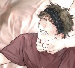2boys auebumbum bandana choking crying gay hazel_eyes implied_penetration implied_sex male/male male_only male_penetrated male_penetrating male_penetrating_male penetration red_shirt teeth teeth_clenched teeth_showing yaoi