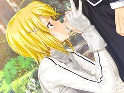 1boy 1girls blonde_hair blush censored classy_cranberry's cum cum_in_mouth fellatio female game_cg garden gloves hairclip happoubi_jin highres kneeling kujou_tsubasa looking_up male oral penis pink_eyes short_hair standing straight sweat trees