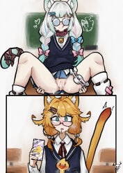 2girls ahoge blonde_hair cat_ears cat_tail catbell cellphone chalkboard creampie creampied_pussy cyan_eyes densetsu.exe desk dokibird dokibird_(dokitty) dokibird_(school_outfit) dragoon_(dokibird) drooling fan_mascot_(vtuber) female flushed_face glasses head_wings heart-shaped_pupils indie_virtual_youtuber laphurus legs_apart licking_lips mint_fantome mint_fantome_(otaku) no_panties pigtails spiral_glasses sweater upskirt virtual_youtuber vtuber wisps_(mint_fantome)