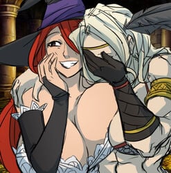 2girls amazon_(dragon's_crown) breasts dragon's_crown facepalm female female_only grin hat huge_breasts laughing long_hair matsu-sensei meme smile sorceress_(dragon's_crown) witch_hat