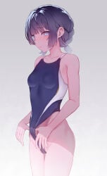 1girls blush braided_hair breasts female female_focus female_only gakuen_idolmaster hataya_misuzu idolmaster interstellar purple_eyes purple_hair school_swimsuit short_hair simple_background small_breasts solo solo_female solo_focus sweat swimsuit wet wet_body white_background