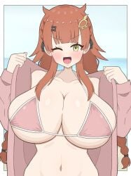 :d bikini blush dragon_girl dragon_musume_ni_naritakunai! duel_masters fang gigantic_breasts humanization humanized maguma_mega mega_magma_dragon narrow_waist navel one_eye_closed open_coat personification pink_bikini pink_coat trenchcoat v-shaped_eyebrows