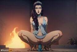1girls ai_generated anal anal_insertion anal_masturbation anal_object_insertion armlet artist_name bare_shoulders black_hair blood_of_zeus bracelet braid breasts dark-skinned_female dildo dildo_in_ass dildo_insertion dildo_riding dress earrings female fire hera hera_(boz) hera_(greek_mythology) hi_res jewelry long_hair looking_at_viewer medium_breasts navel no_panties object_insertion pussy rule34lab sandals sex_toy shiny_skin solo spread_legs squatting uncensored