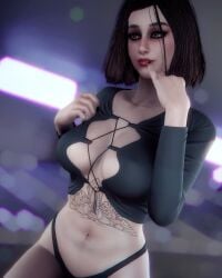 1girls 3d 3d_(artwork) absurd_res absurd_resolution artist_request beautiful_woman belly bethesda_softworks blurred_background brown-haired_female character_request cleavage collarbone fallout fallout_4 female_focus female_only happy_female high_quality high_resolution huge_breasts mature_female mature_woman navel pinup posing short-haired_female solo_female source_request thong unbothered violet_lipstick