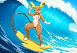 2026 ai_generated alolan_form alolan_raichu anthro cute female female_only furry furry_breasts furry_ears furry_female furry_only gobabsnow medium_breasts nipples nude nude_female on_tail pokemon pokemon_(species) pokemorph pussy sexy smile solo surfing wallpaper