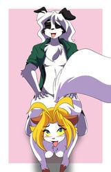 ahe_gao animal_ears anthro big_breasts black_fur blonde_hair blue_eyes blush breasts canine canine_ear cat_ears cat_tail chalo chest_tuft closed_eyes clothes doggy_style edit feline fluffy_tail from_behind hair high_resolution las_lindas long_hair open_clothes open_mouth open_shirt photoshop randal_hawthorne sarah_silkie sex shirt tail tongue white_fur white_hair