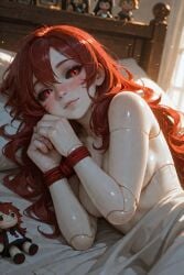 1girls ai_generated black_sclera curls doll doll_joints female humanoid humanoid_female joints long_hair odette_(scorpianpp) original_character puppet red_eyes red_hair scorpianpp self_upload stable_diffusion