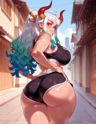1girl 1girls ahoge ai_generated alternate_costume aqua_hair ass back balecxi bare_arms bare_shoulders black_shorts black_sports_bra blue_hair breasts building city clothing crop_top curled_horns curvaceous curvaceous_female curvaceous_figure curvy curvy_figure day dolphin_shorts earrings female female_focus from_behind gradient_hair green_hair hair_ornament hair_stick hands_on_own_hips high_ponytail hoop_earrings horns huge_ass huge_breasts inviting inviting_to_sex jewelry large_breasts long_hair looking_at_viewer looking_back multicolored_hair multicolored_horns one_piece oni outdoors parted_lips ponytail presenting presenting_ass presenting_breasts presenting_hindquarters presenting_self red_eyes red_horns seductive seductive_look seductive_smile shiny_skin short_shorts shorts sidelocks sky smile solo sports_bra sportswear standing tall_female thick_thighs thighs toned twisted_torso uncensored voluptuous voluptuous_female white_hair wide_hips yamato_(one_piece) yellow_horns