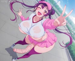 1futa 2d 2d_(artwork) ai_assisted ai_generated areolae_slip ass balls blush breasts curvy foreskin futanari half-dressed happy jewelry kakunaru_ue_wa long_penis miyamoto_niina peace_sign penis skirt sneakers solo thestrongest thighhighs underboob veiny_penis voluptuous wink
