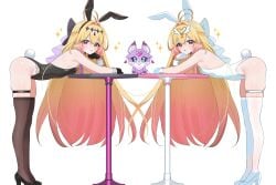 2girls absurdres antenna_hair bare_shoulders bent_over black_gloves black_hairband black_leotard black_ribbon black_shoes black_thighhighs black_tiara blonde_hair blush braid breasts bunnysuit commentary cure_arcana_shadow female female_focus gloves gradient_hair hair_intakes hair_ribbon hairband high_heels high_resolution highres legs leotard long_hair looking_at_viewer mashu-tan meitantei_precure! moria_luluka multicolored_hair open_mouth pink_eyes pink_hair precure rabbit_tail ribbon shoes shusuchii simple_background skindentation small_breasts smile strapless strapless_leotard table tail thigh_strap thighhighs thighs tiara two-tone_hair untranslatable_commentary white_background white_gloves white_leotard white_shoes white_tail white_thighhighs white_wrist_cuffs wrist_cuffs