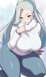 1girl aqua_hair big_breasts blue_eyes blue_jeans blue_nails blue_pants breasts commentary_request denim earrings fingernails game_freak jeans jewelry large_breasts long_hair looking_at_viewer mature_female melony_(pokemon) midriff milf mituyota_76 nail_polish navel nintendo pants pokemon pokemon_ss pokemon_sword_and_shield pokemon_swsh solo sweater thick_thighs thighs white_sweater