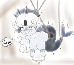 angry black_pearl_cookie bondage breast_milk breasts cookie_run cookie_run_kingdom dialogue milking_machine nipples simple_background squirting_milk tagme tied_up
