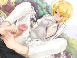 1boy 1girls areolae barefoot blonde_hair blush breasts censored classy_cranberry's feet female fencing footjob forest game_cg gloves happoubi_jin highres kujou_tsubasa looking_down male nipples penis pink_eyes short_hair sitting sky straight toes trees