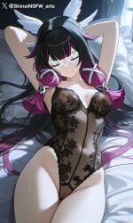 1girls ai_generated breasts columbina_(genshin_impact) genshin_impact lies nipples purple_hair pussy shineinsfw solo uncensored wet