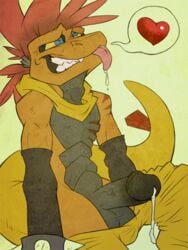 1boy balls bandana clothing dragondrawer erection furry heart male male_only masturbation nintendo no_humans pants penis pokemon precum saliva scalie scrafty solo tongue video_games