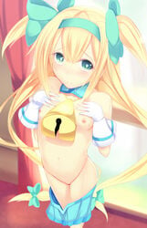 bell blazblue blonde_hair blush breast_suppress breasts daiaru female gloves green_eyes long_hair looking_at_viewer navel nipples nude platinum_the_trinity pussy smile solo standing symbol-shaped_pupils tied_hair twintails uncensored