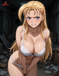 ai_generated angry_expression angry_face big_breasts blonde_hair blush embarrassed embarrassed_nude_female historia_reiss long_hair miu_furinji standing white_bra white_panties